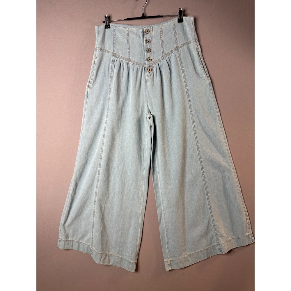 Umgee Wide Leg Chambray Pants Women L Light Blue Yoke Waist Button Front NEW